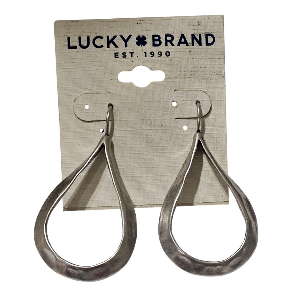 Lucky Brand Silver Tone Hammered Teardrop Hoop Earrings Boho Antiqued Finish
